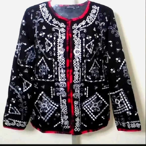 Notations Cotton Jacket Cardigan Silver Embroidery Beads Size S Black Red Artsy - Picture 6 of 17